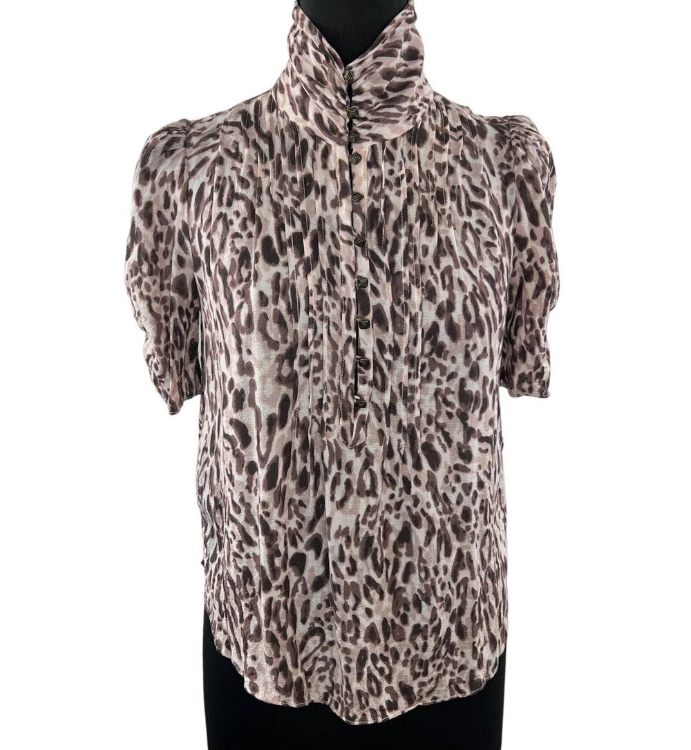 Anthropologie MAEVE Brown Animal Print Puff Sleeve Button-Up Blouse Turtleneck 2